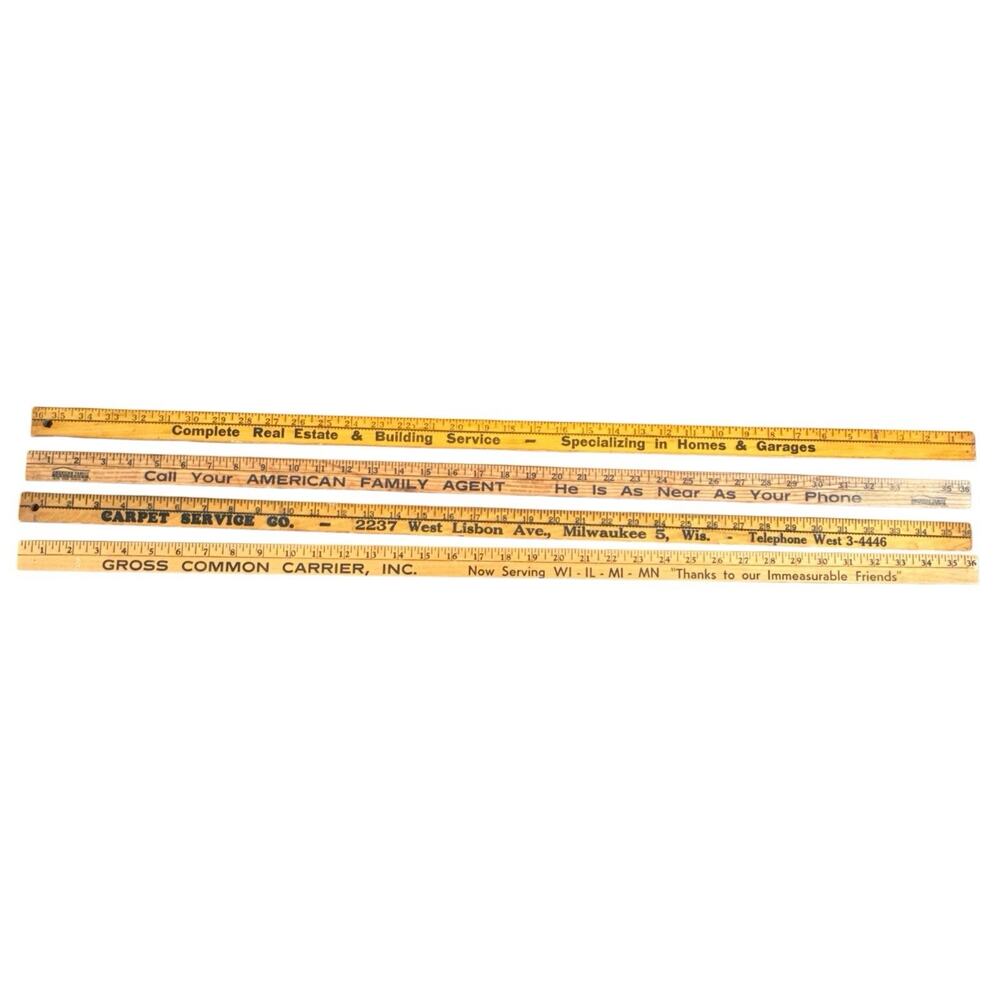 4 Vtg Wisconsin Wood Yard Sticks, Trucking, Insurance, Carpet Svs, Real Estate